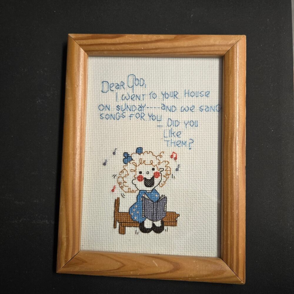 Vintage Anne Fitzgerald Dear God Kids Counted Cross Stitch Framed‎ 1980s Art